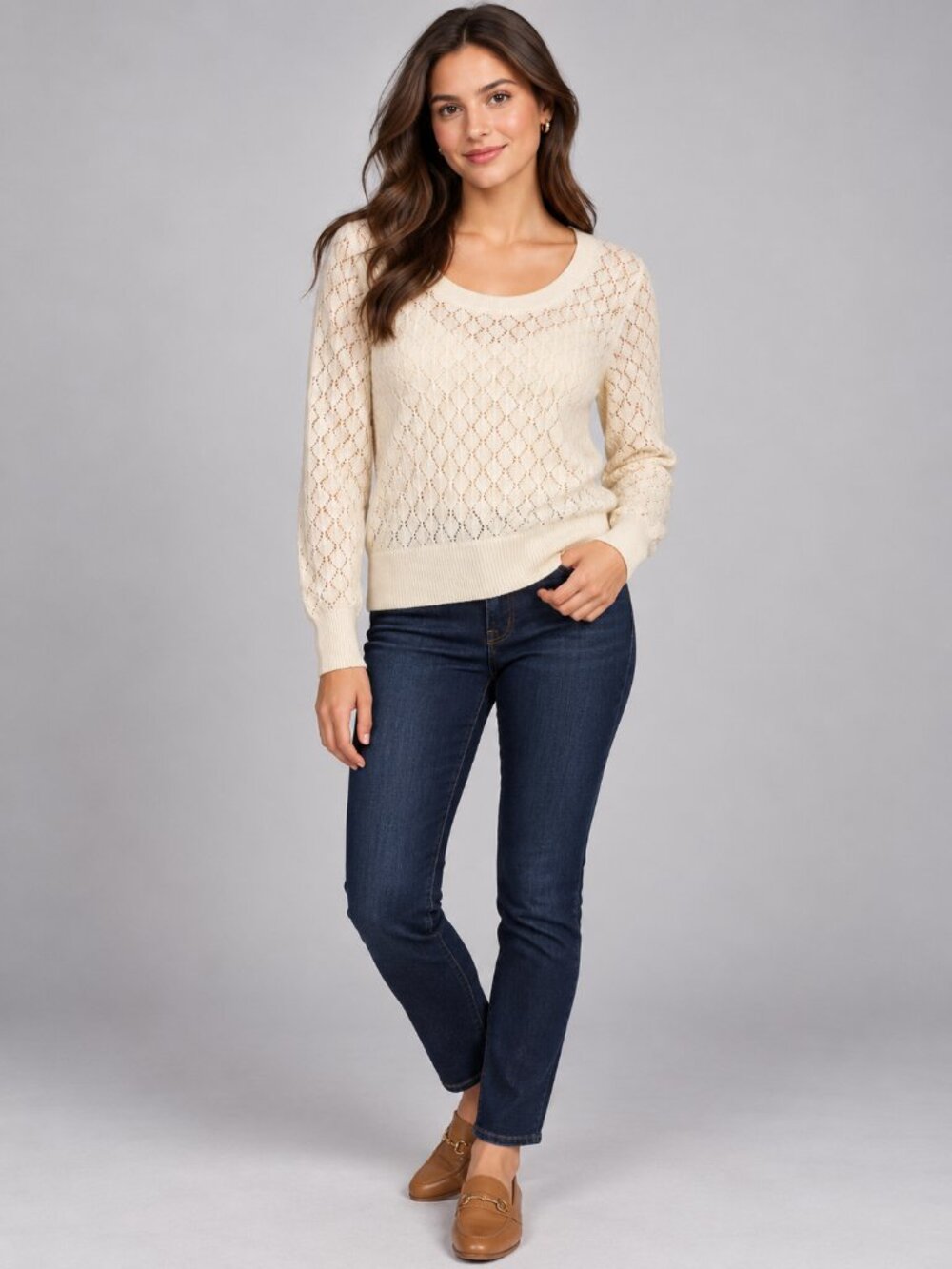 2/$30 Small Old Navy Ivory Pointelle Diamond Knit Scoop Neck Long Sleeve Sweater